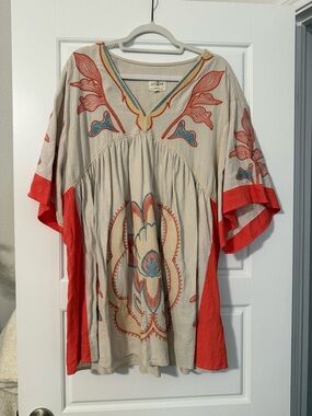 Umgee Beige Tunic with Coral & Teal Embroidery